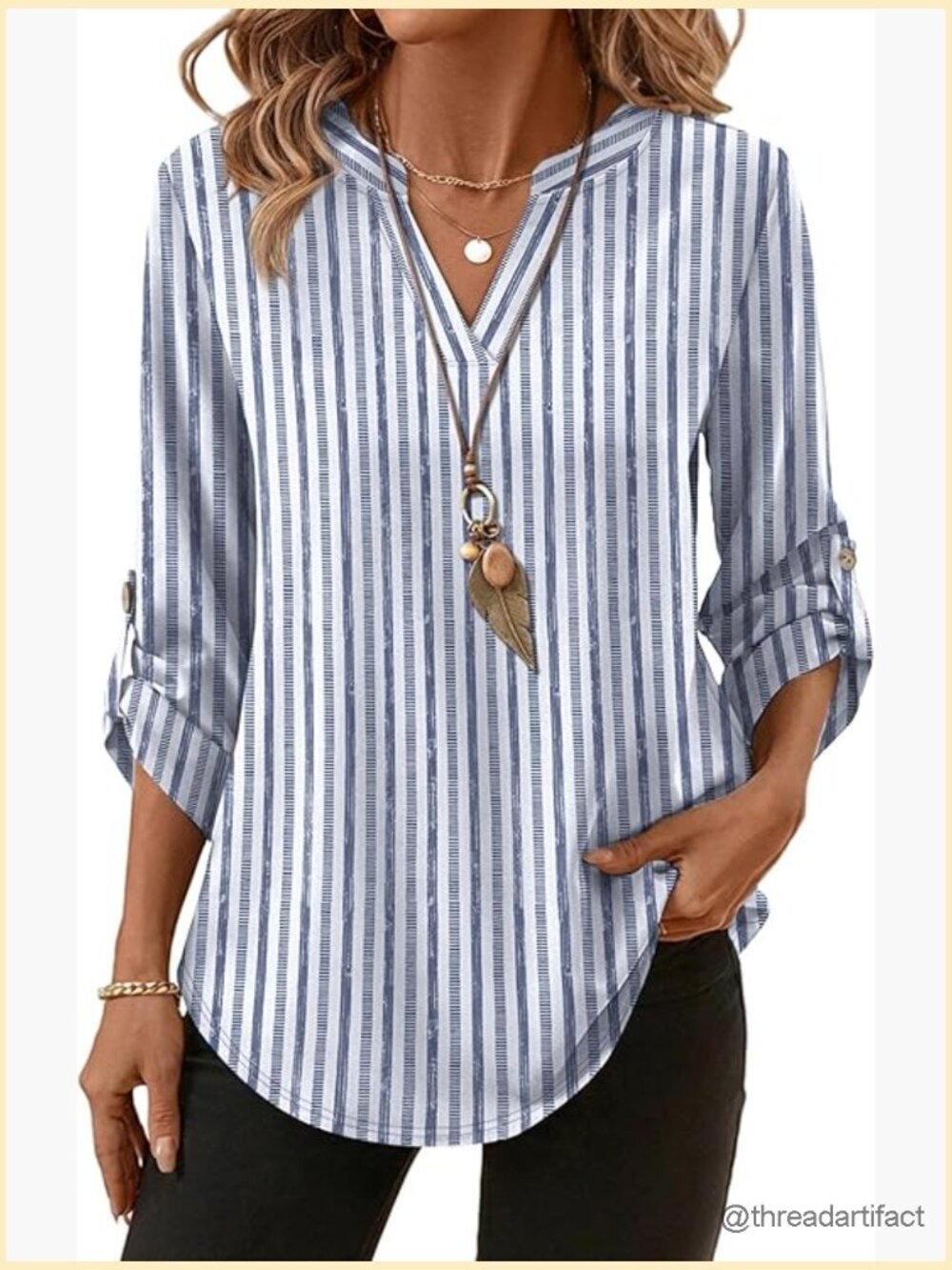 V-Neck 3/4 Sleeve T-Shirt Button Side Blouses Business Casual Tops Loose Fit